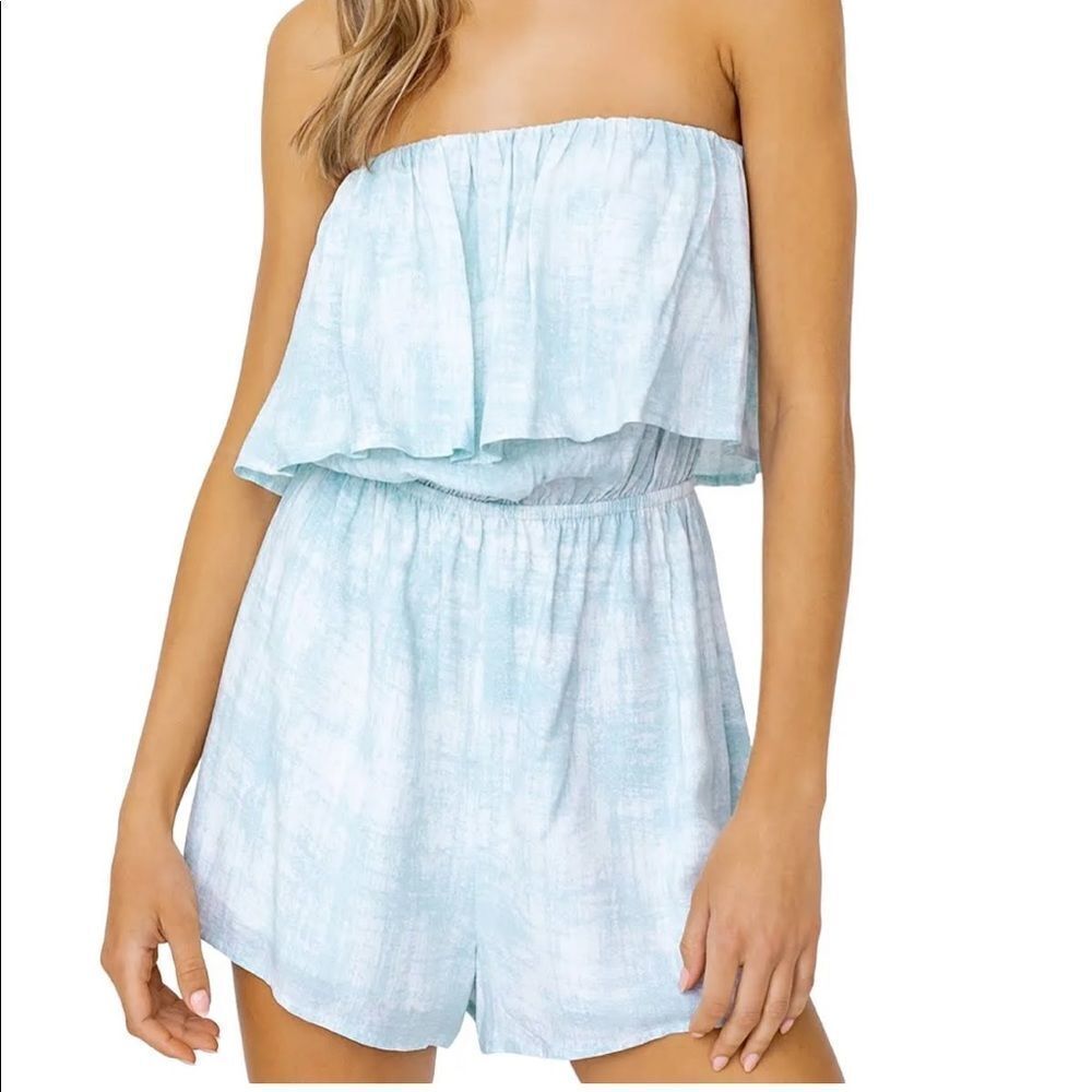 Le Lis Light Blue Ruffled Elastic Waist Tie Dye Sleeveless Strapless Romper